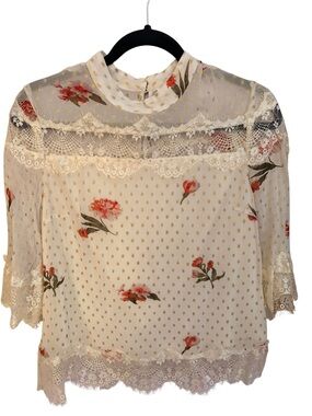 VILA Ivory Sheer Blouse with Pink Floral Print and Gold Dots